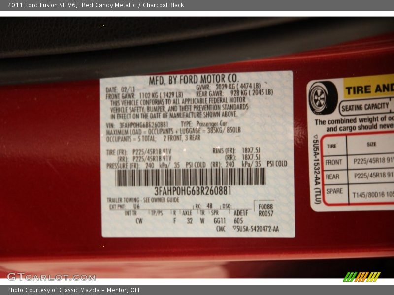 Red Candy Metallic / Charcoal Black 2011 Ford Fusion SE V6