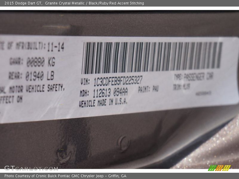 Granite Crystal Metallic / Black/Ruby Red Accent Stitching 2015 Dodge Dart GT