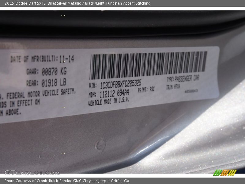 Billet Silver Metallic / Black/Light Tungsten Accent Stitching 2015 Dodge Dart SXT