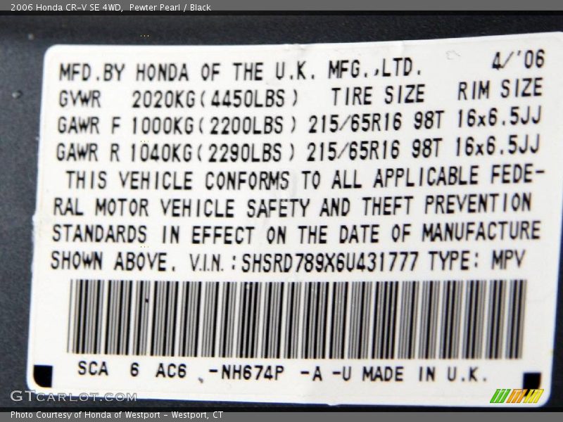 Pewter Pearl / Black 2006 Honda CR-V SE 4WD