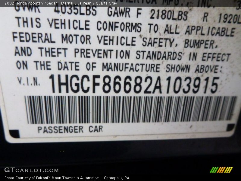 Eternal Blue Pearl / Quartz Gray 2002 Honda Accord VP Sedan