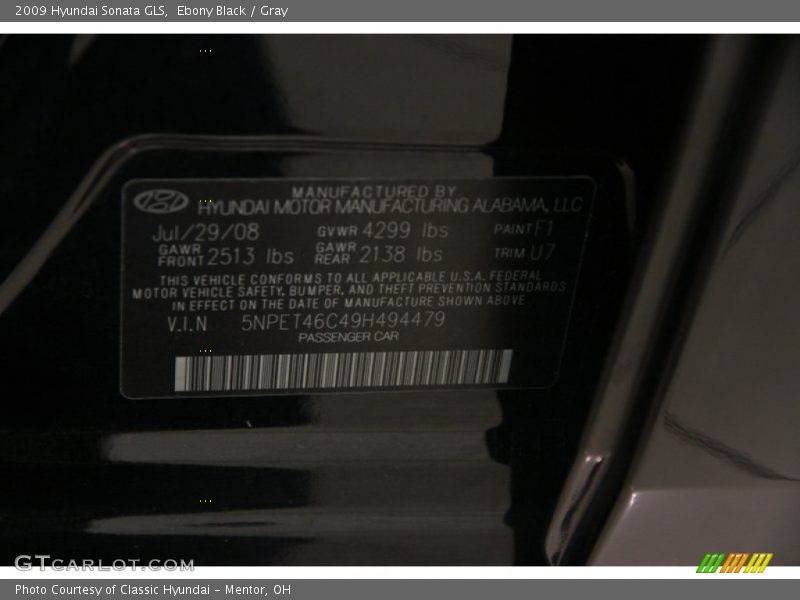 Ebony Black / Gray 2009 Hyundai Sonata GLS