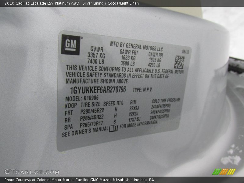 Silver Lining / Cocoa/Light Linen 2010 Cadillac Escalade ESV Platinum AWD
