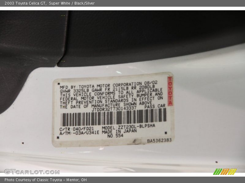 2003 Celica GT Super White Color Code 040