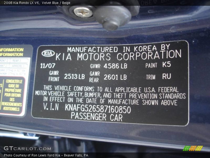 Velvet Blue / Beige 2008 Kia Rondo LX V6