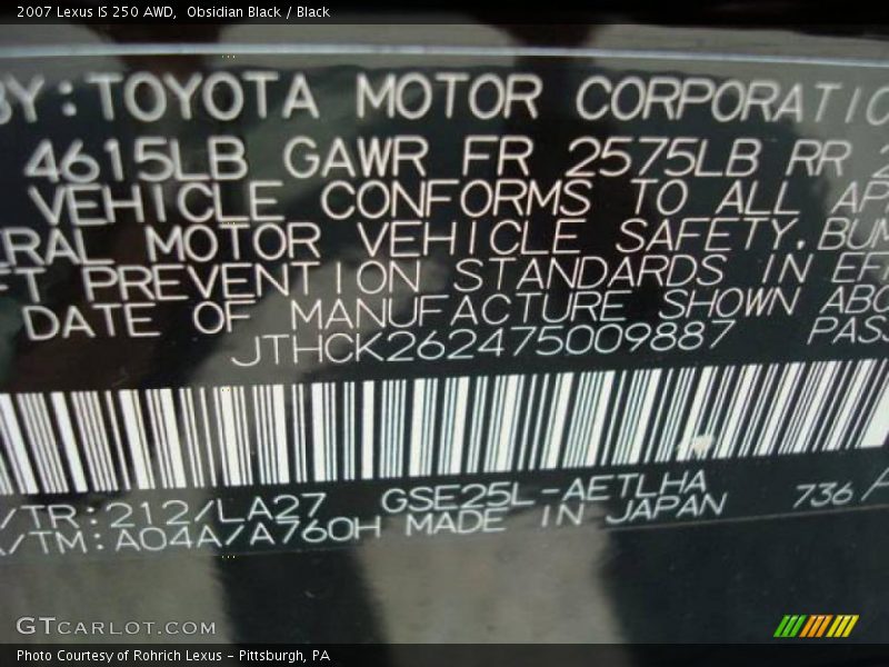 Obsidian Black / Black 2007 Lexus IS 250 AWD