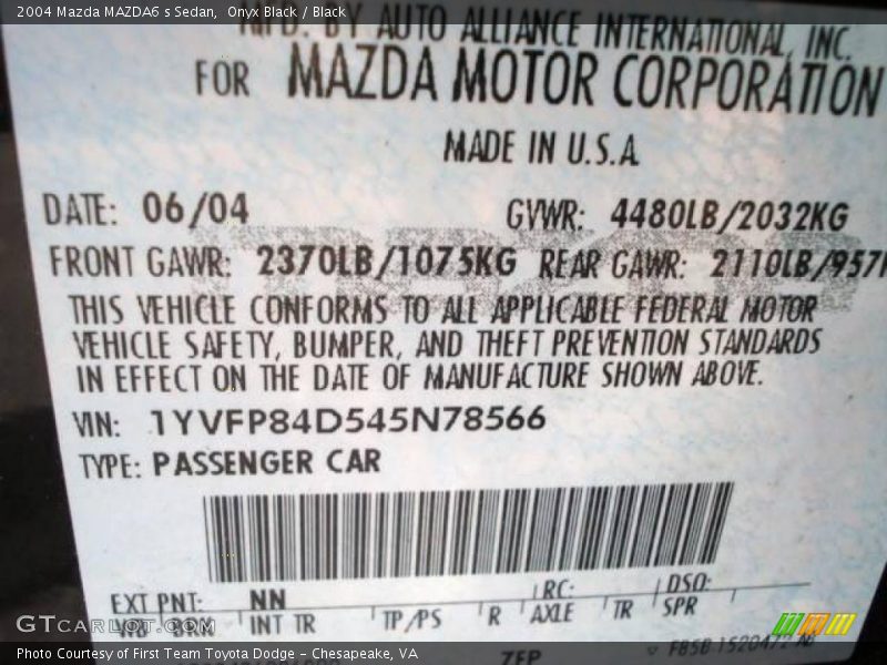Onyx Black / Black 2004 Mazda MAZDA6 s Sedan