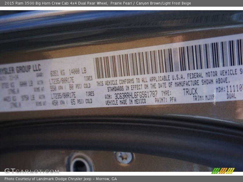 2015 3500 Big Horn Crew Cab 4x4 Dual Rear Wheel Prairie Pearl Color Code PFA