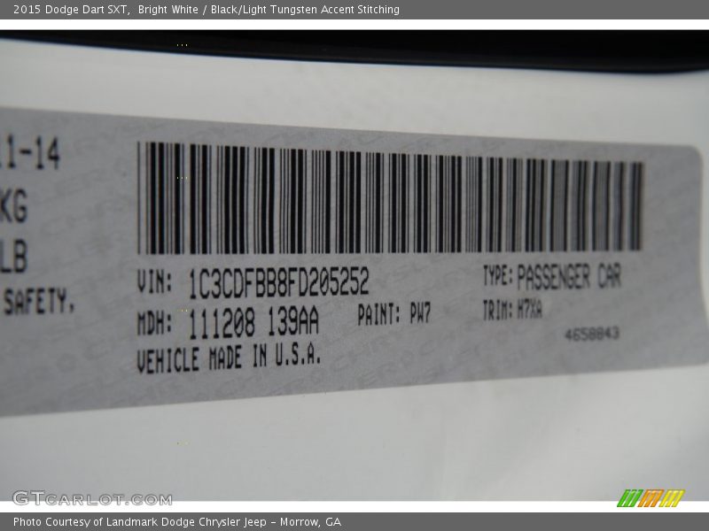 Bright White / Black/Light Tungsten Accent Stitching 2015 Dodge Dart SXT