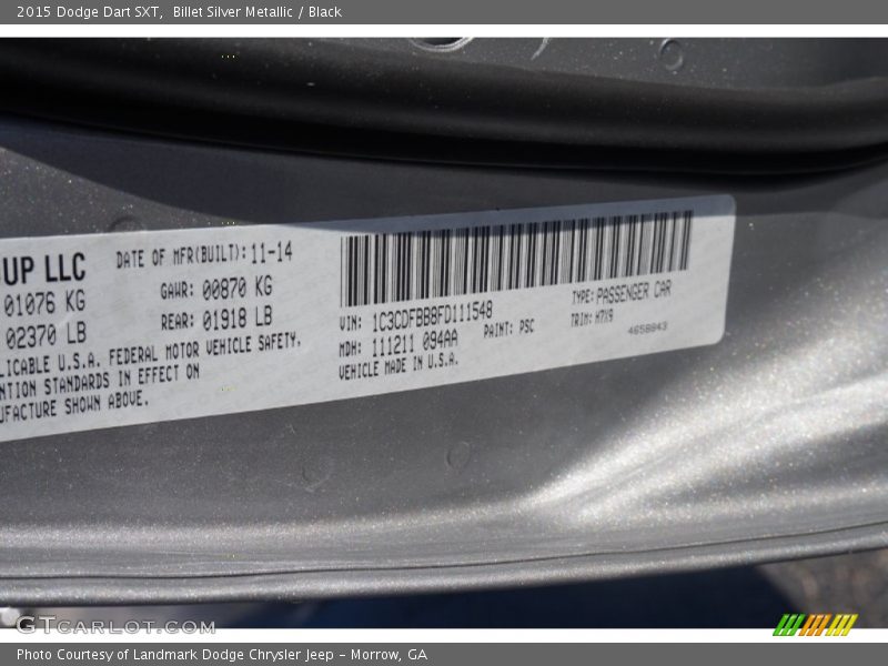 Billet Silver Metallic / Black 2015 Dodge Dart SXT