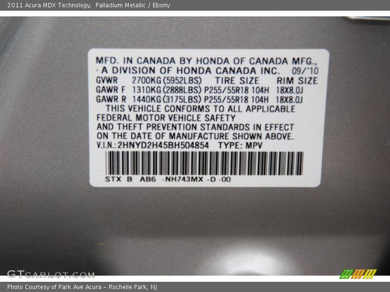 Palladium Metallic / Ebony 2011 Acura MDX Technology