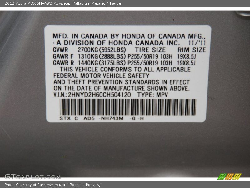 Palladium Metallic / Taupe 2012 Acura MDX SH-AWD Advance