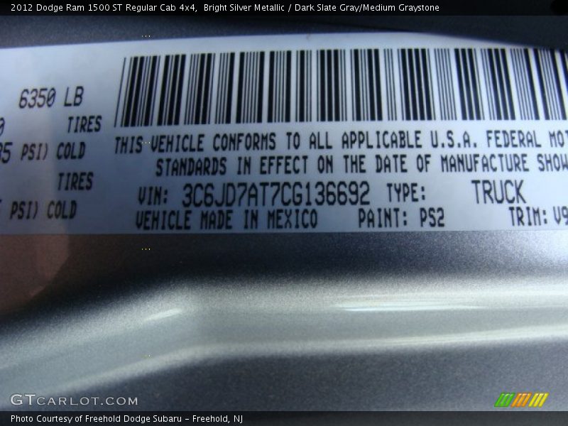 Bright Silver Metallic / Dark Slate Gray/Medium Graystone 2012 Dodge Ram 1500 ST Regular Cab 4x4