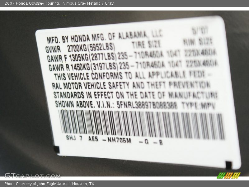 Nimbus Gray Metallic / Gray 2007 Honda Odyssey Touring