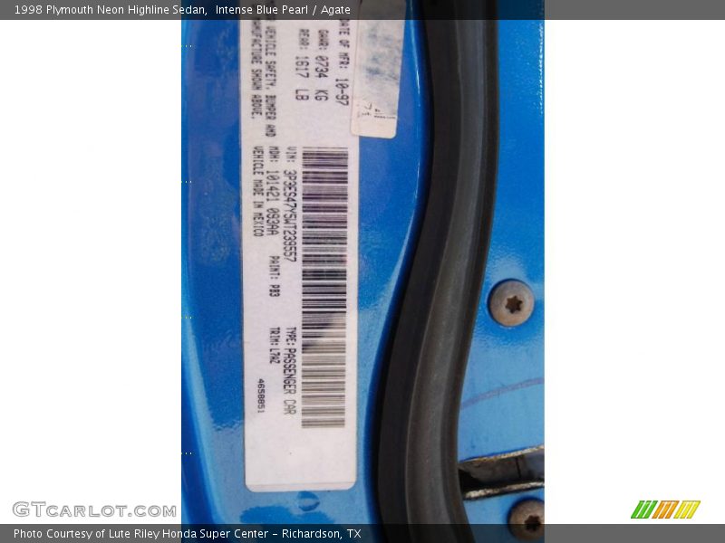 Intense Blue Pearl / Agate 1998 Plymouth Neon Highline Sedan