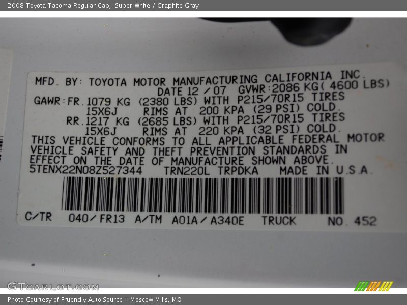 Super White / Graphite Gray 2008 Toyota Tacoma Regular Cab