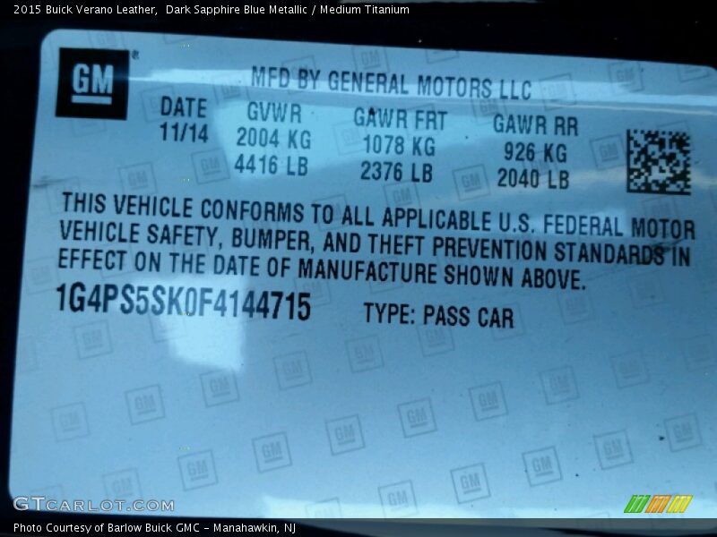 Dark Sapphire Blue Metallic / Medium Titanium 2015 Buick Verano Leather