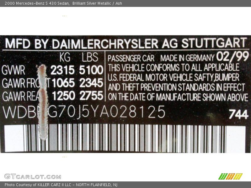 Brilliant Silver Metallic / Ash 2000 Mercedes-Benz S 430 Sedan