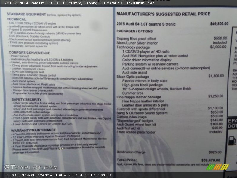  2015 S4 Premium Plus 3.0 TFSI quattro Window Sticker