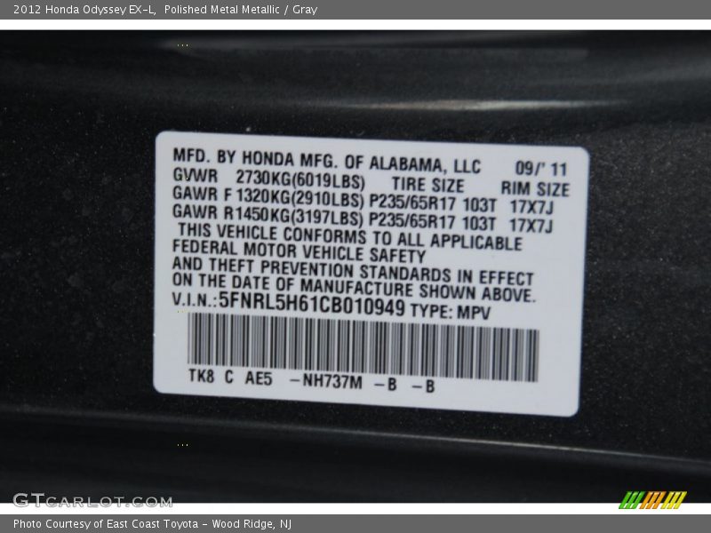 Polished Metal Metallic / Gray 2012 Honda Odyssey EX-L