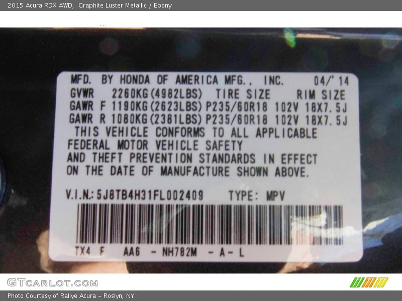 2015 RDX AWD Graphite Luster Metallic Color Code NH782M