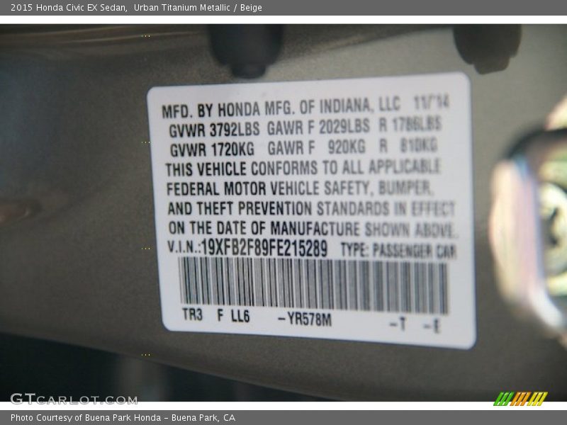 Urban Titanium Metallic / Beige 2015 Honda Civic EX Sedan