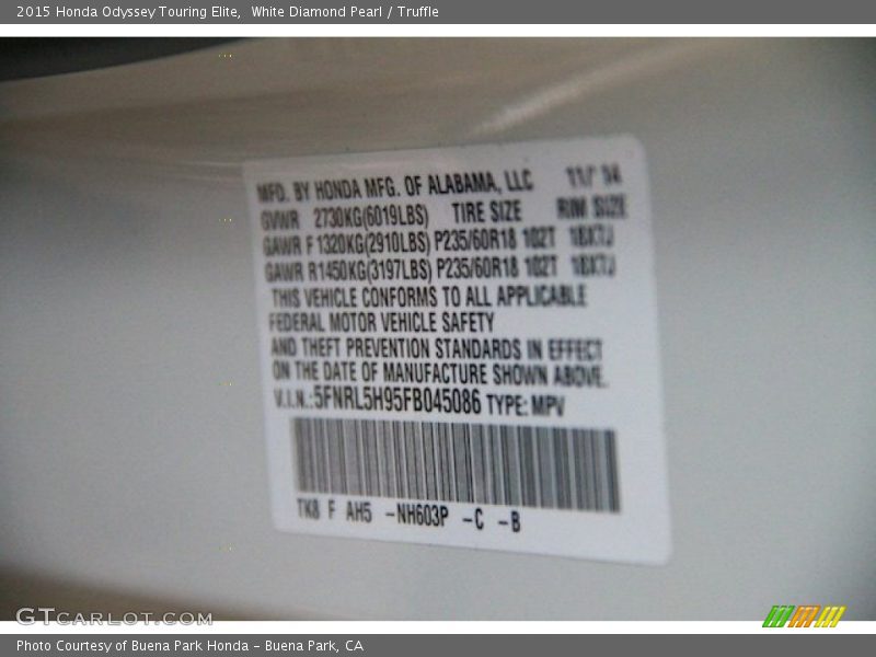 White Diamond Pearl / Truffle 2015 Honda Odyssey Touring Elite