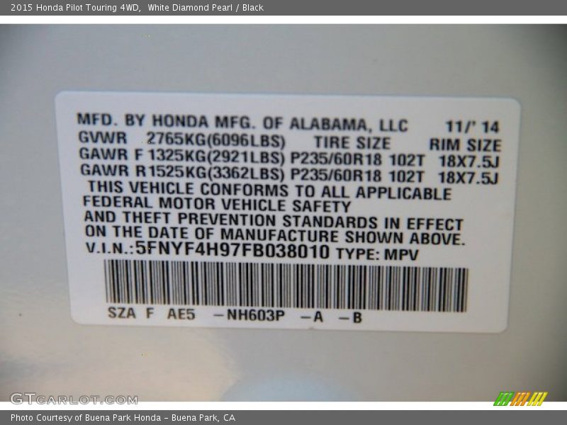 White Diamond Pearl / Black 2015 Honda Pilot Touring 4WD