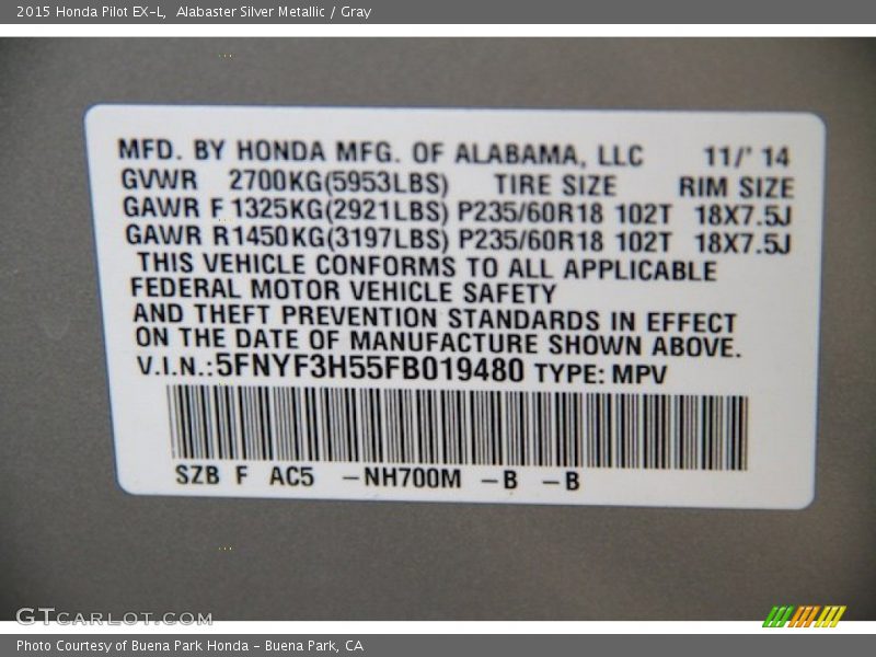 Alabaster Silver Metallic / Gray 2015 Honda Pilot EX-L