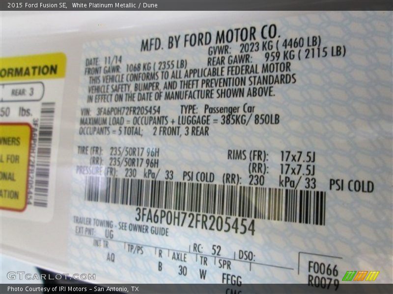 White Platinum Metallic / Dune 2015 Ford Fusion SE