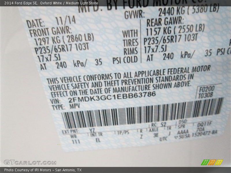Oxford White / Medium Light Stone 2014 Ford Edge SE