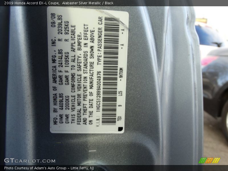Alabaster Silver Metallic / Black 2009 Honda Accord EX-L Coupe