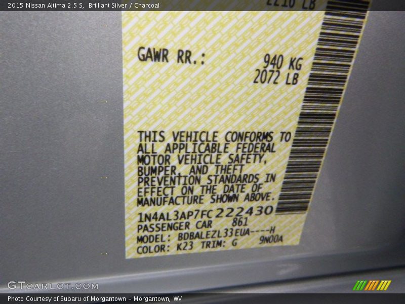 Brilliant Silver / Charcoal 2015 Nissan Altima 2.5 S