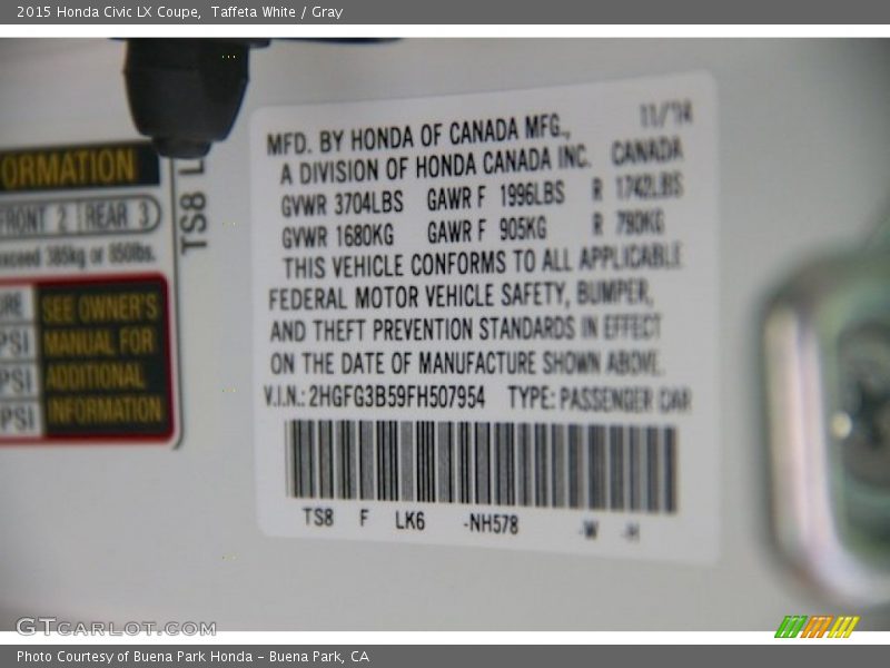 Taffeta White / Gray 2015 Honda Civic LX Coupe