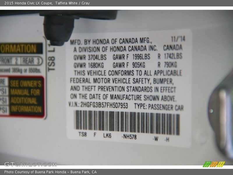 Taffeta White / Gray 2015 Honda Civic LX Coupe