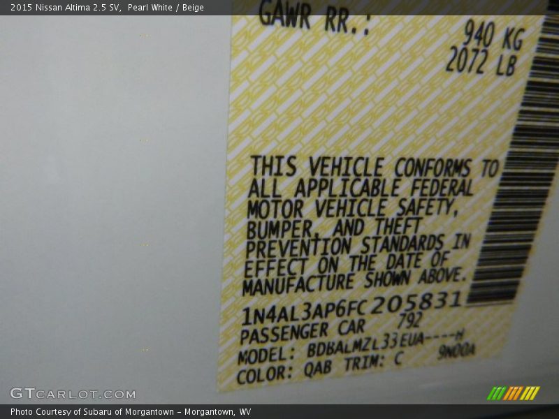 Pearl White / Beige 2015 Nissan Altima 2.5 SV