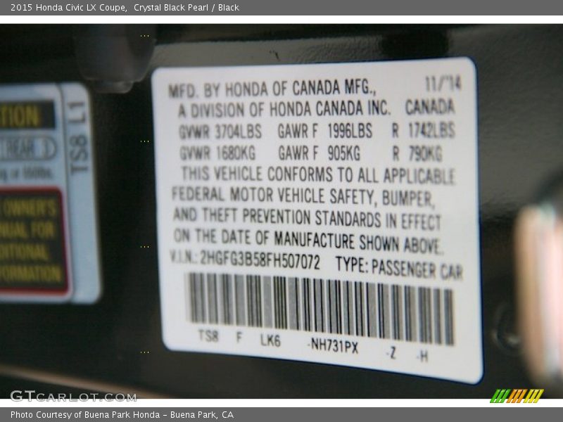 Crystal Black Pearl / Black 2015 Honda Civic LX Coupe