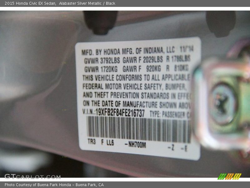 Alabaster Silver Metallic / Black 2015 Honda Civic EX Sedan