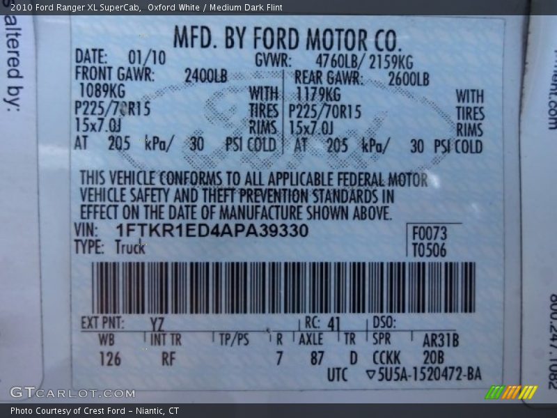 Oxford White / Medium Dark Flint 2010 Ford Ranger XL SuperCab