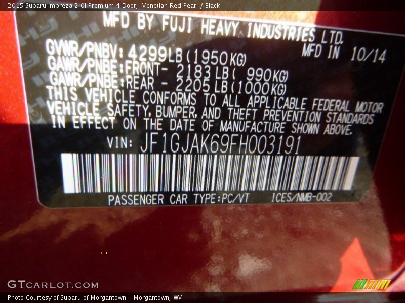 Venetian Red Pearl / Black 2015 Subaru Impreza 2.0i Premium 4 Door