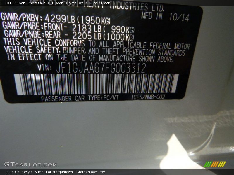 Crystal White Silica / Black 2015 Subaru Impreza 2.0i 4 Door
