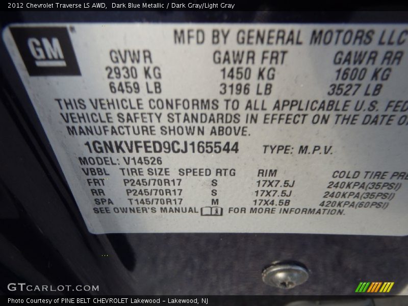 Dark Blue Metallic / Dark Gray/Light Gray 2012 Chevrolet Traverse LS AWD