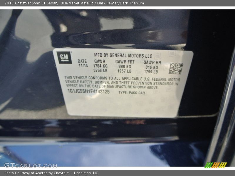 Blue Velvet Metallic / Dark Pewter/Dark Titanium 2015 Chevrolet Sonic LT Sedan