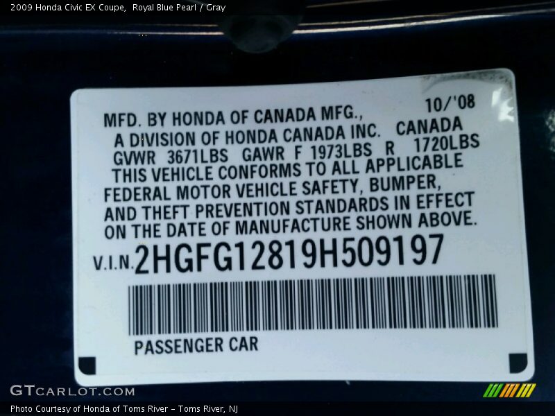 Royal Blue Pearl / Gray 2009 Honda Civic EX Coupe