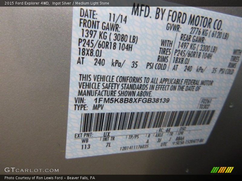 Ingot Silver / Medium Light Stone 2015 Ford Explorer 4WD