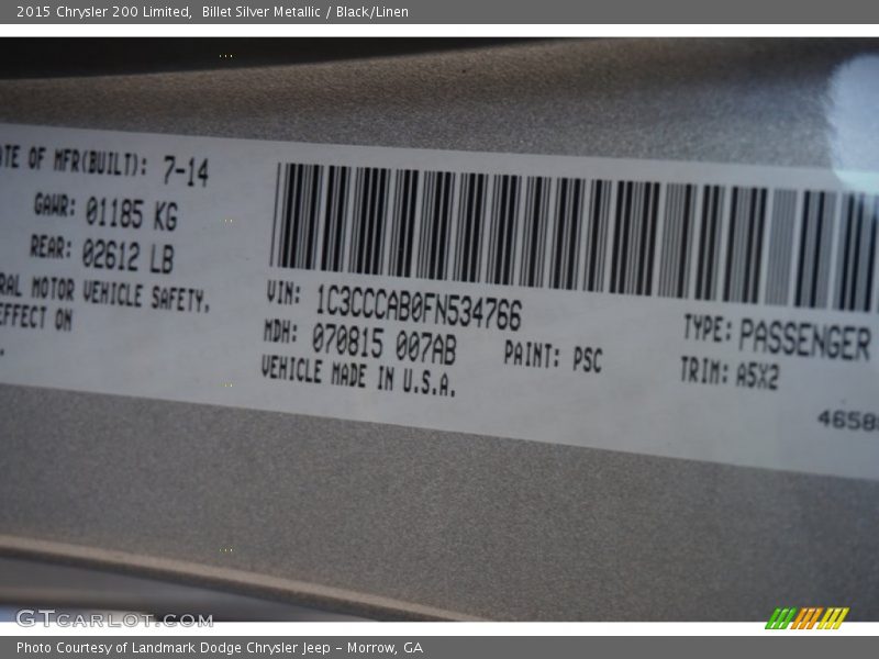 Billet Silver Metallic / Black/Linen 2015 Chrysler 200 Limited
