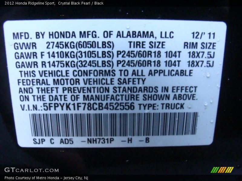 Crystal Black Pearl / Black 2012 Honda Ridgeline Sport