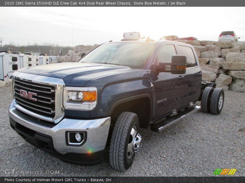 Stone Blue Metallic / Jet Black 2015 GMC Sierra 3500HD SLE Crew Cab 4x4 Dual Rear Wheel Chassis