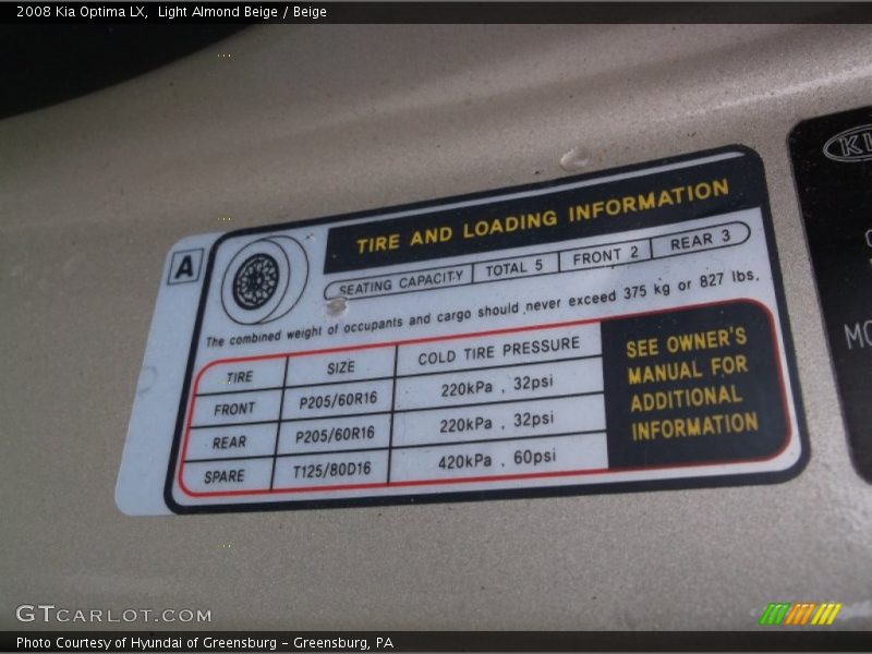 Light Almond Beige / Beige 2008 Kia Optima LX