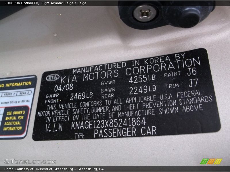 Light Almond Beige / Beige 2008 Kia Optima LX